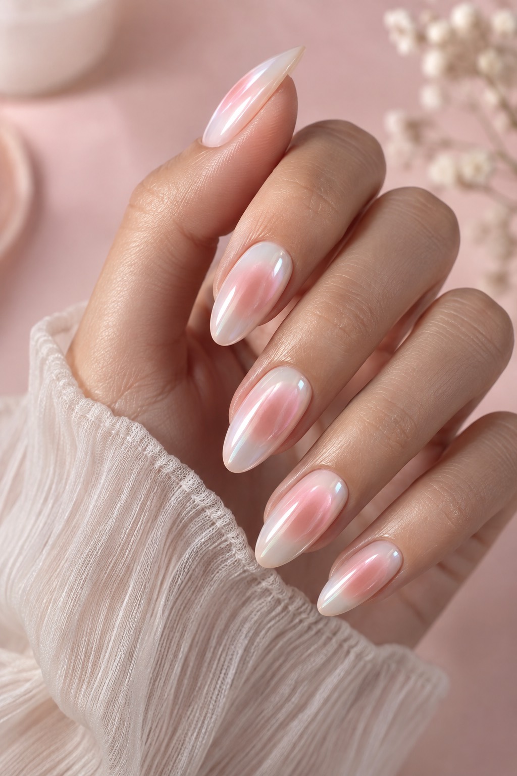 Milky Chrome Aura Almond Nails