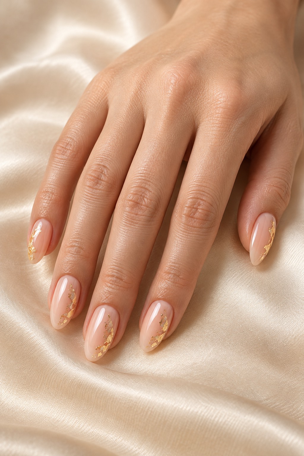 Milky Peach Gold Leaf Nude Nails