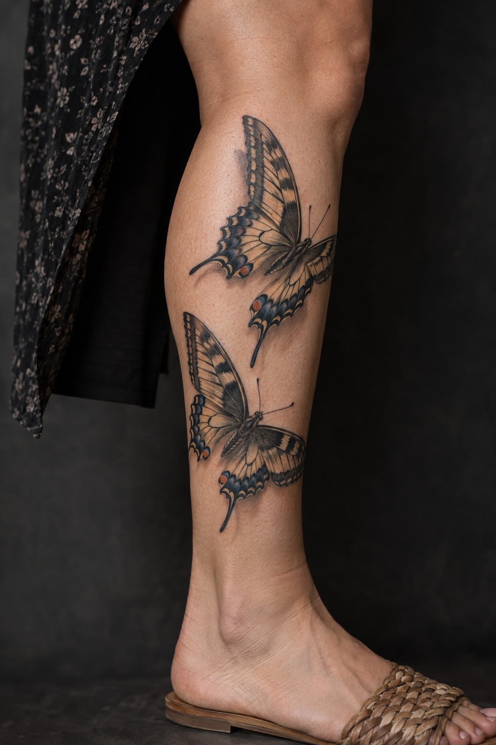 Dual 3D swallowtail butterflies lower leg wrap tattoo