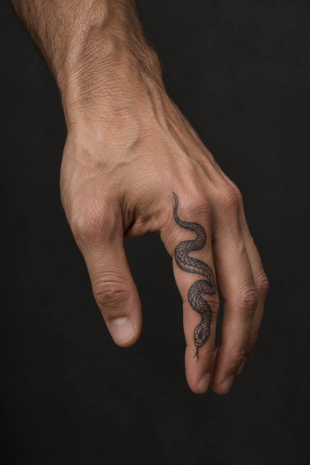 Coiled blackwork serpent side finger tattoo for men