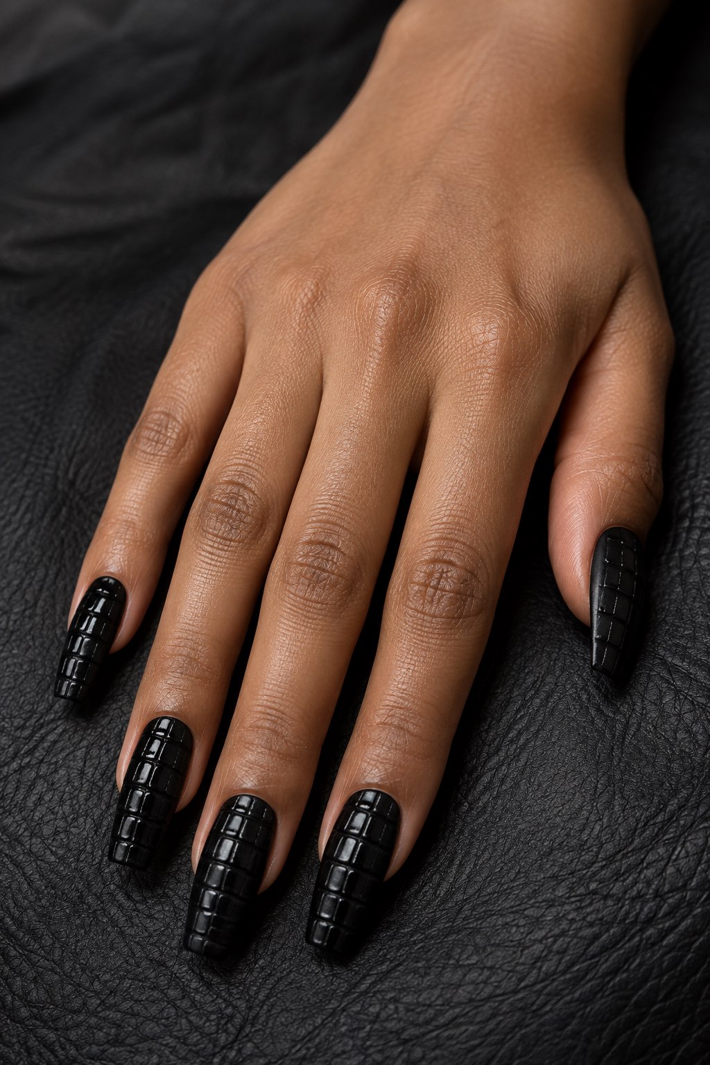 Dimensional Black Crocodile Print Nails