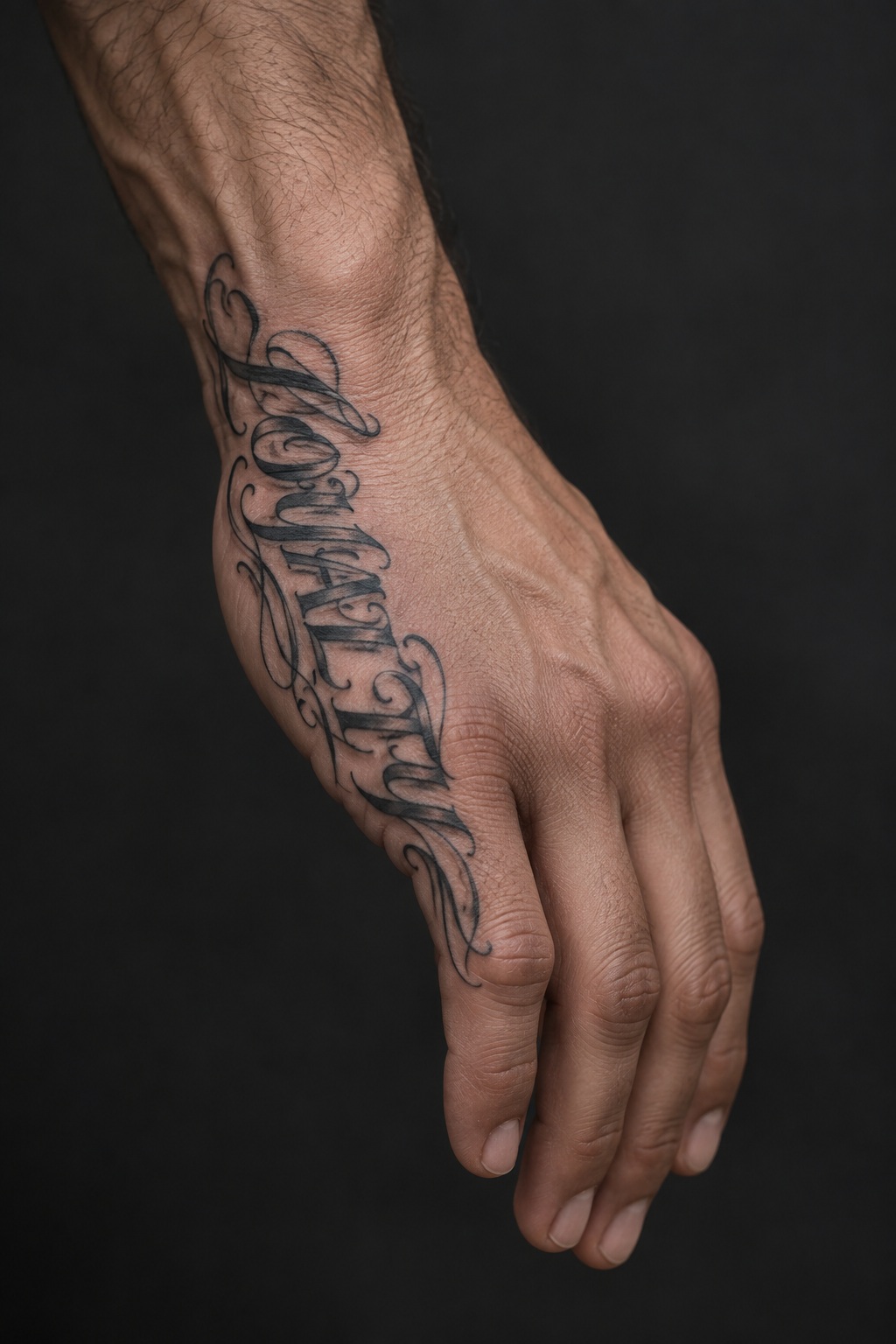 Chicano calligraphy outer hand blade script tattoo for men