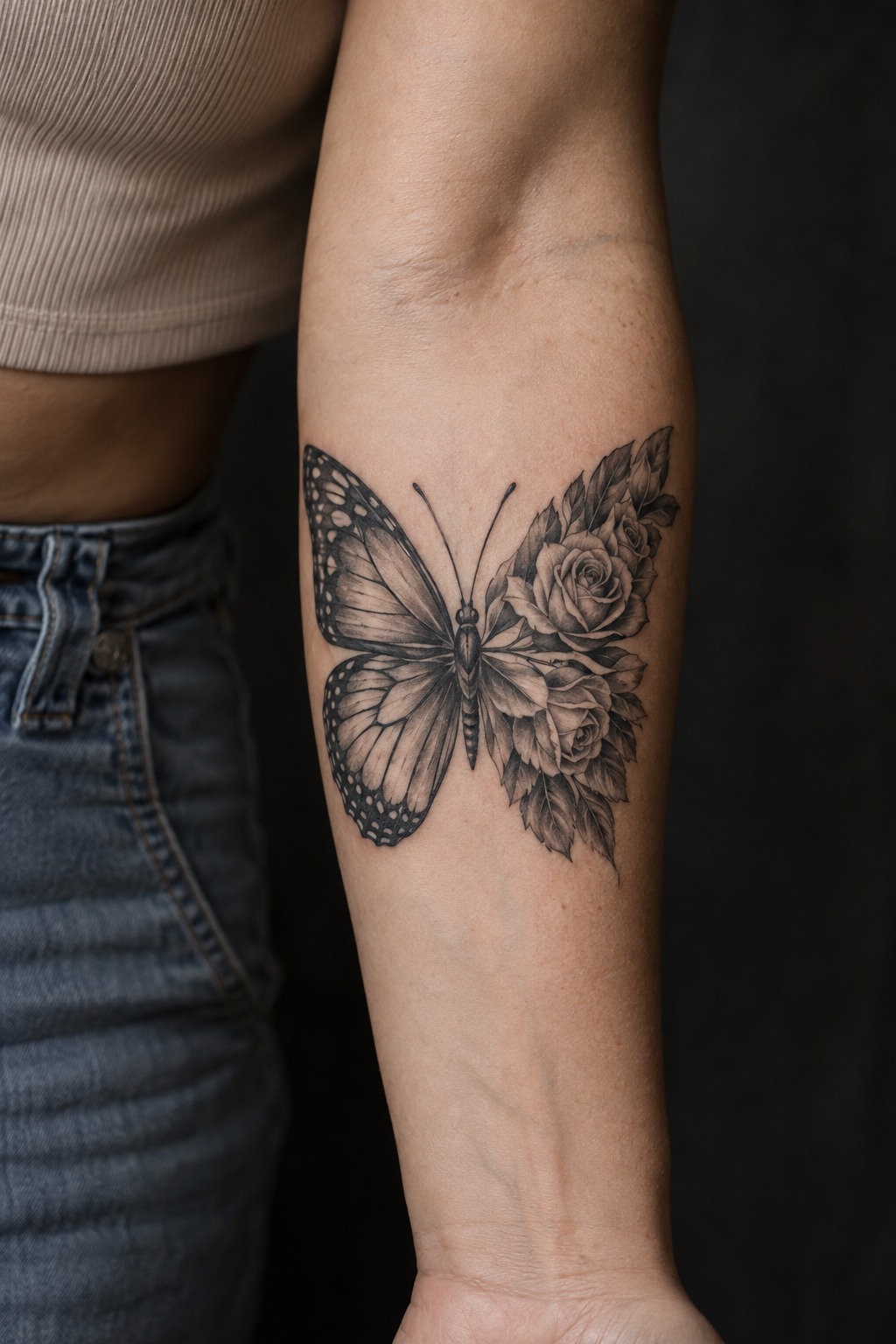 Half floral rose butterfly wing forearm tattoo