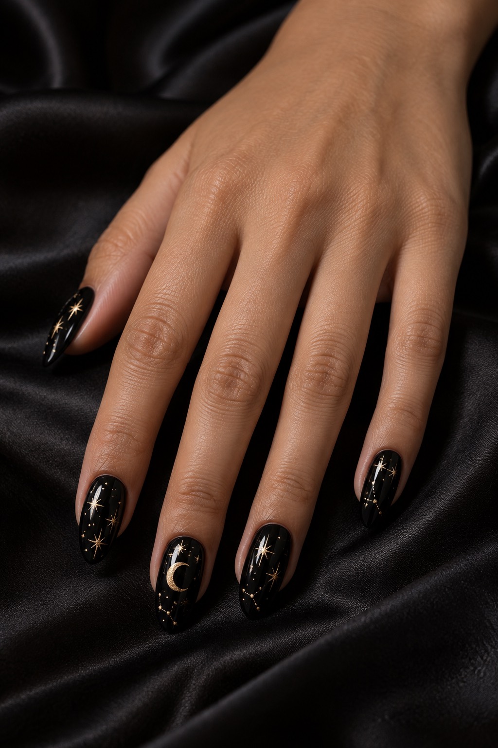 Midnight Celestial Gold Foil Stars Black Nails