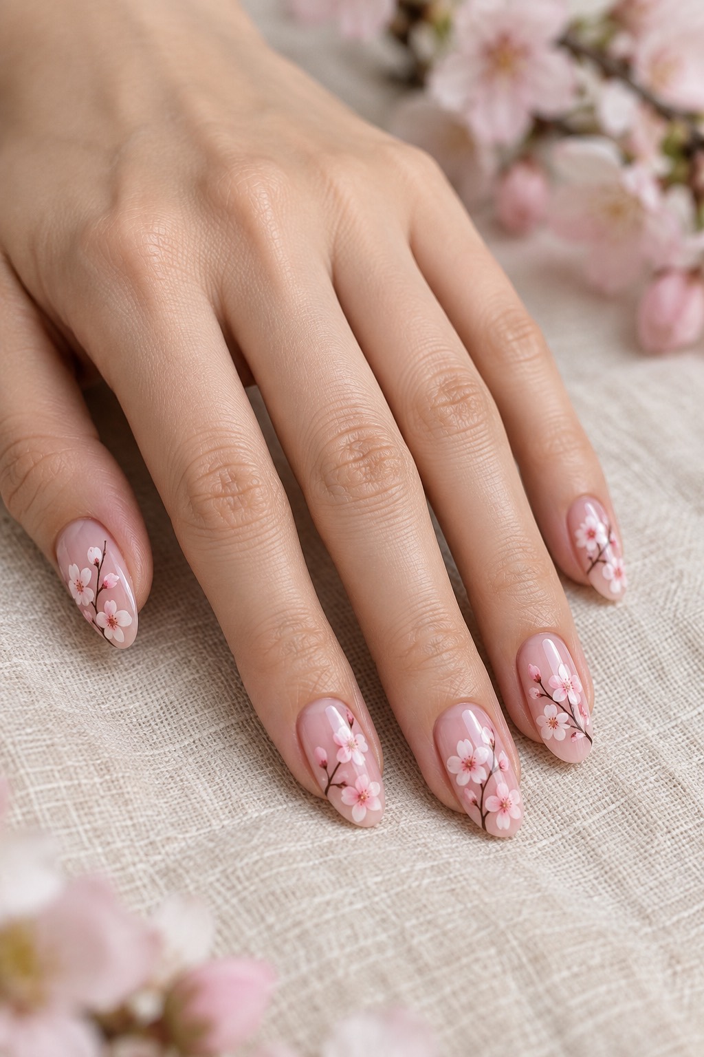 Cherry Blossom Botanical Pink Nails