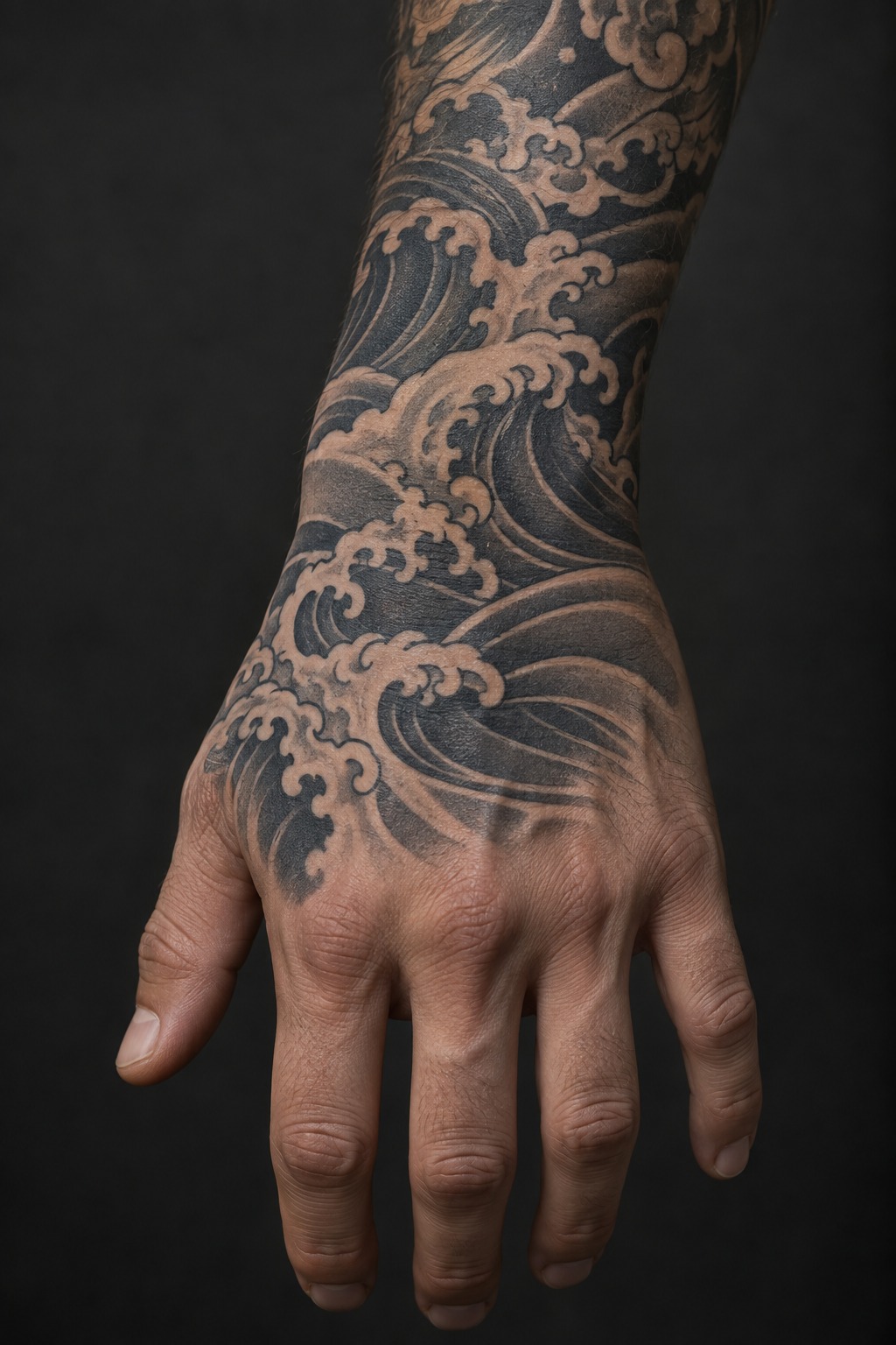 Japanese Irezumi wave hand wrap tattoo for men