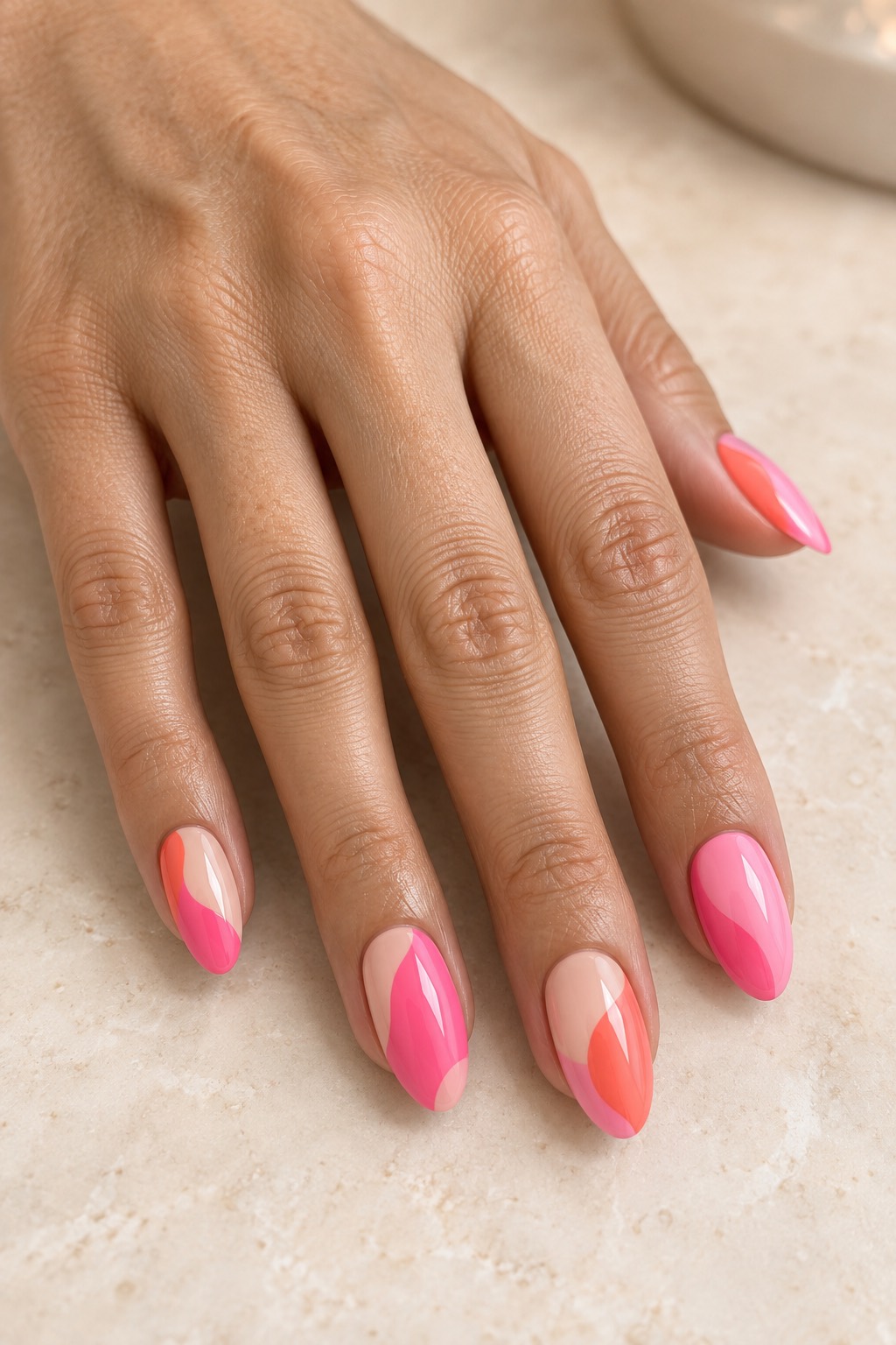 Bubblegum Coral Color Block Pink Nails