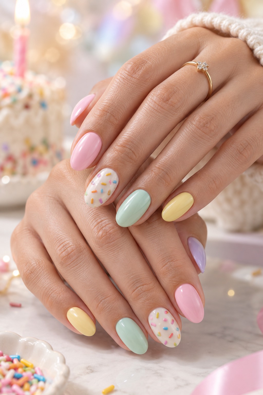 Pastel Birthday Cake Sprinkles Nails