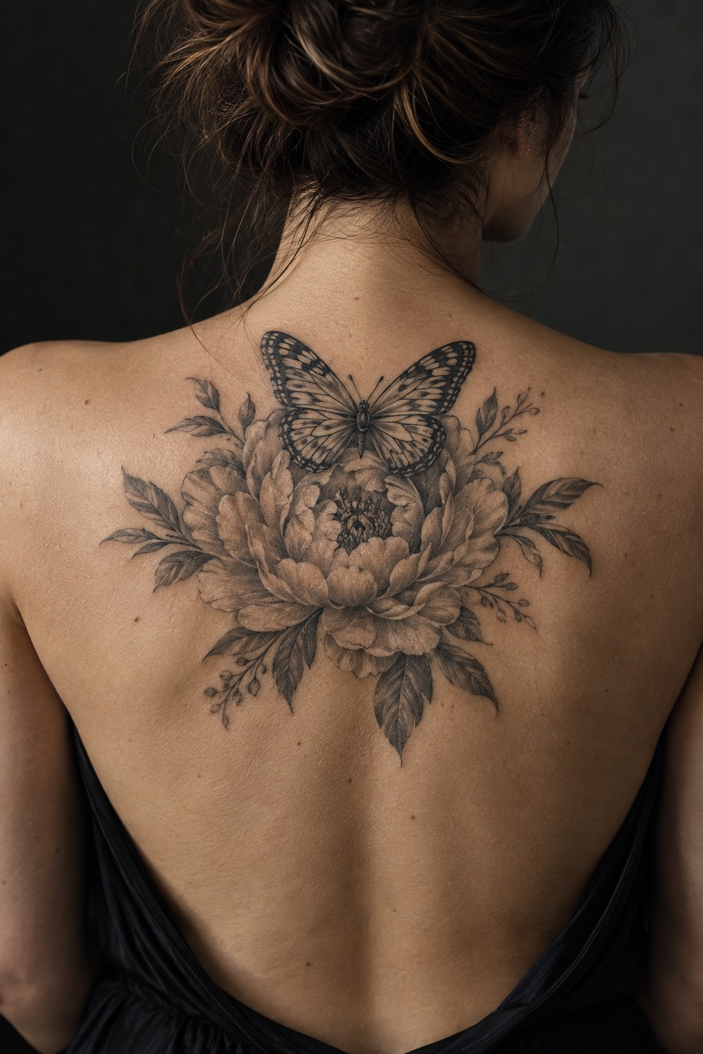 Peony flower crown butterfly shoulder blade tattoo