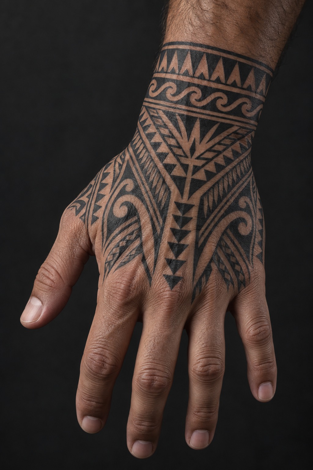 Tribal Polynesian geometric hand cuff tattoo for men