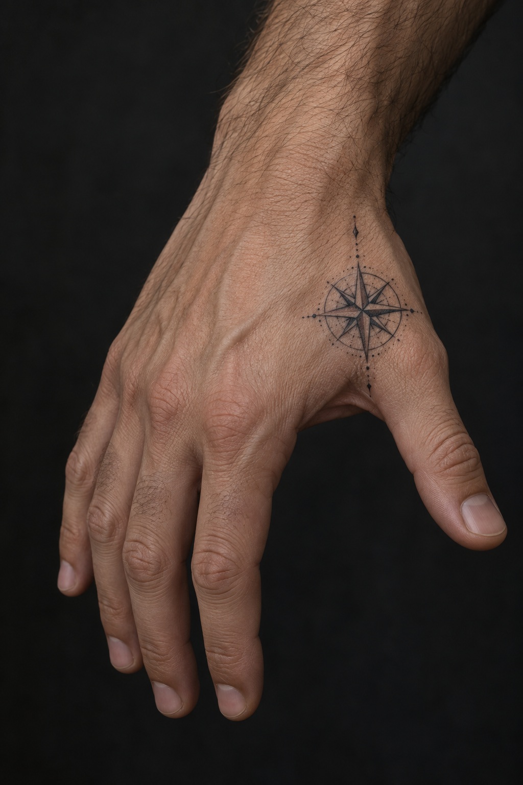 Fine line compass rose outer hand tattoo for men