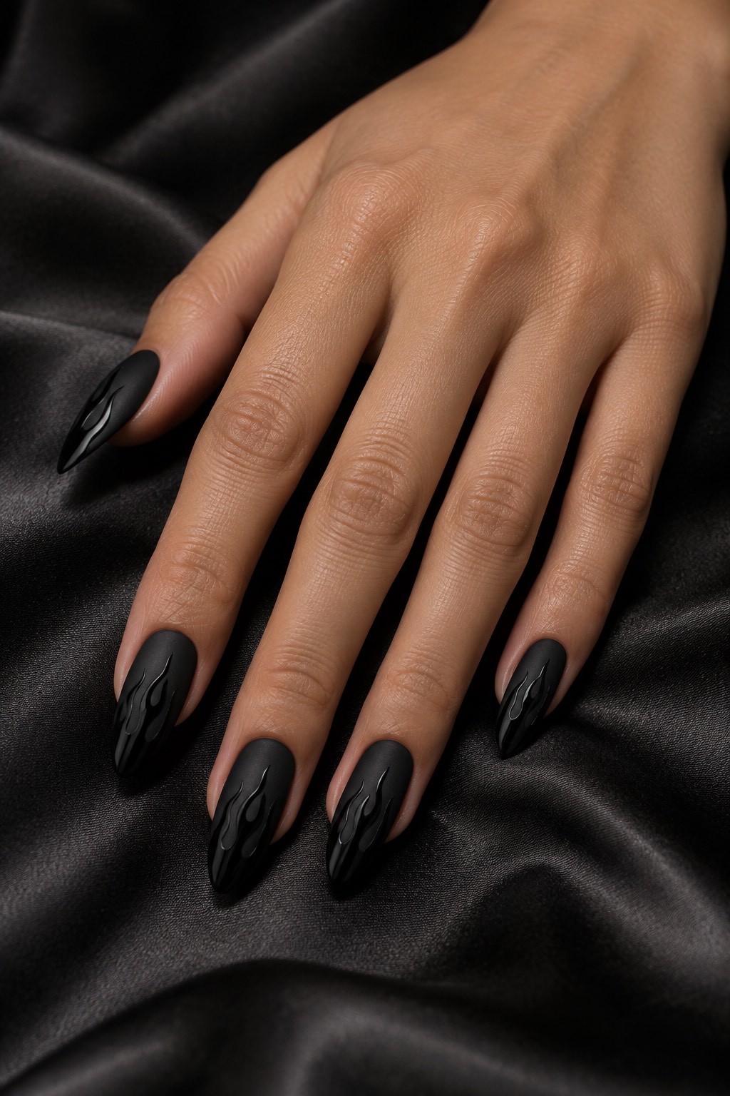Glossy Black Flames on Smoked Charcoal Nails