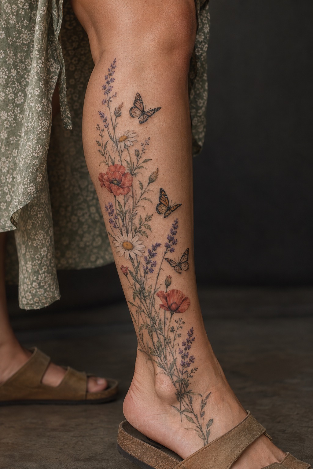 Wildflower meadow butterfly leg sleeve segment tattoo