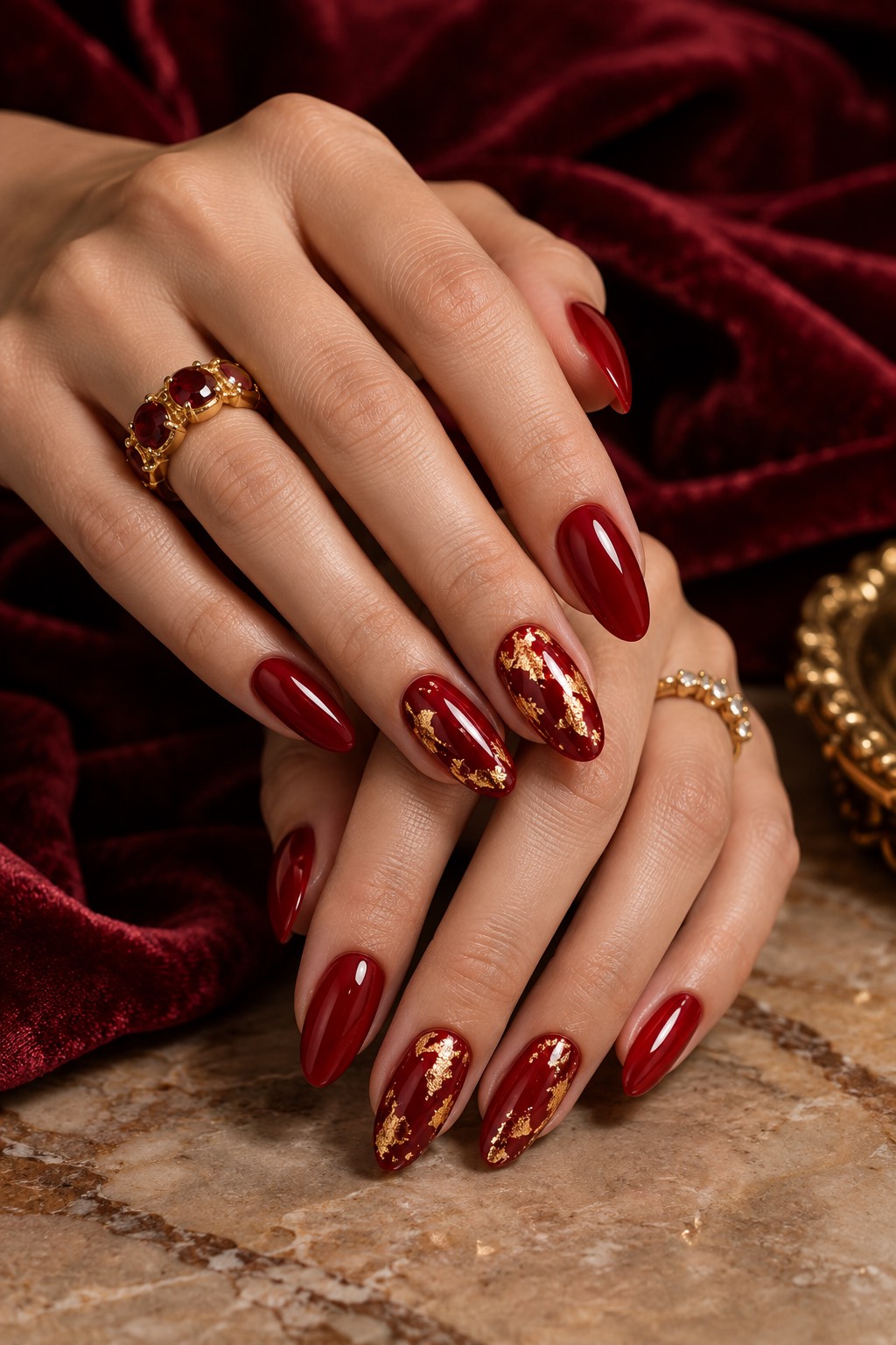 Crimson Red Gold Foil Birthday Nails