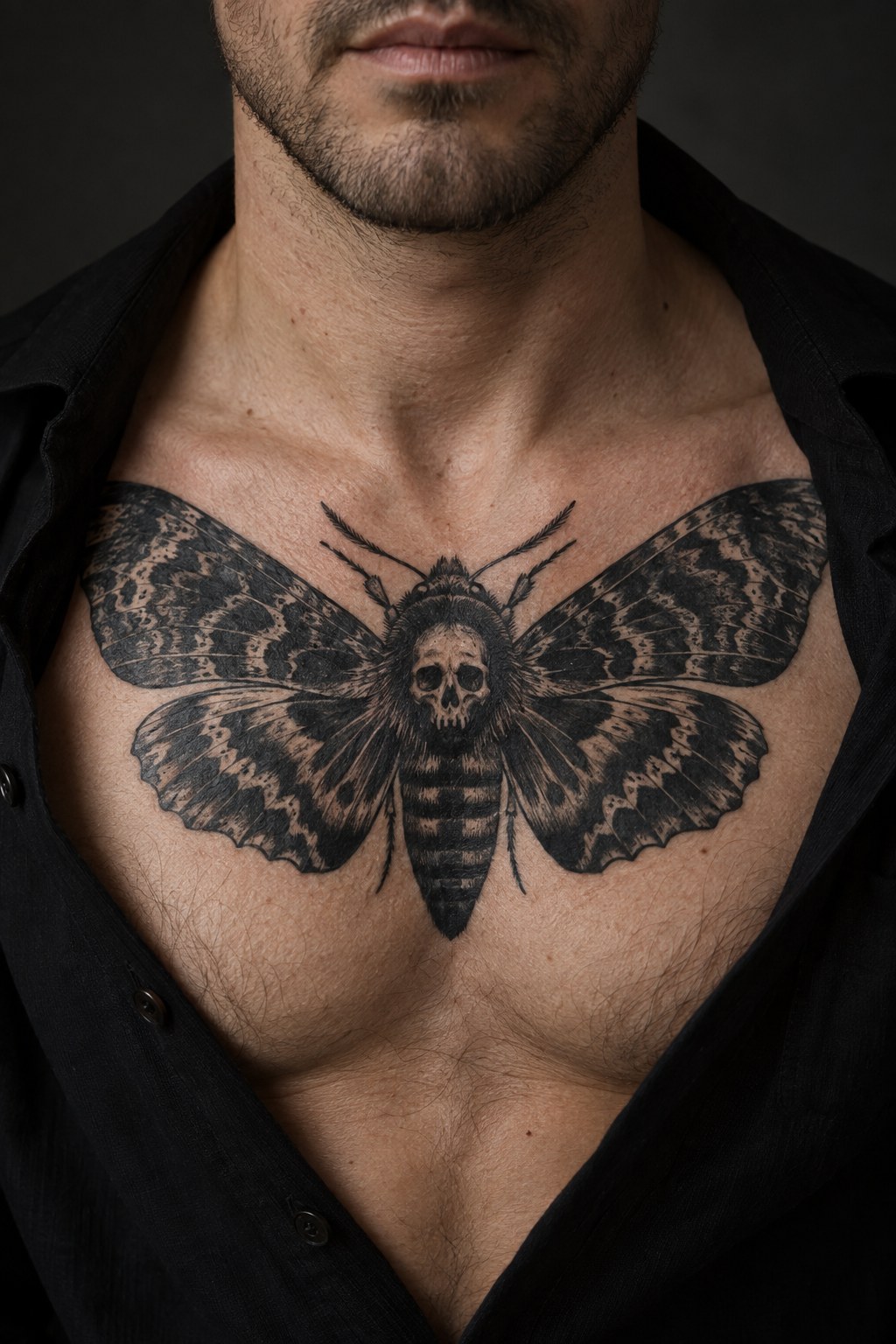 Death head moth and skull butterfly chest tattoo