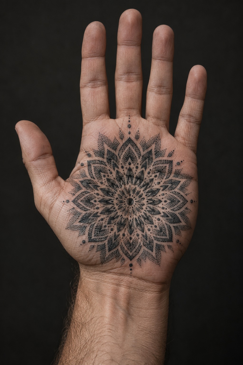 Solid black dotwork mandala palm centerpiece tattoo for men