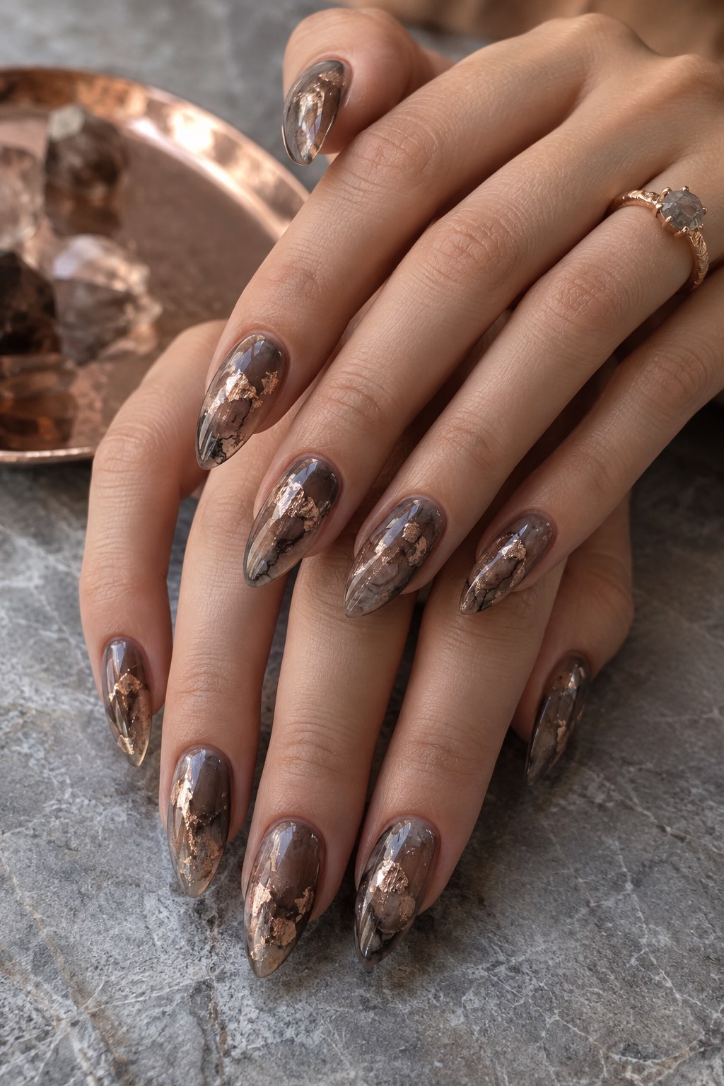 Smoky Quartz Rose Gold Almond Nails