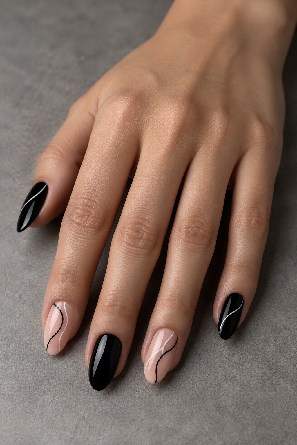 Minimalist White Linework on Obsidian Black Nails