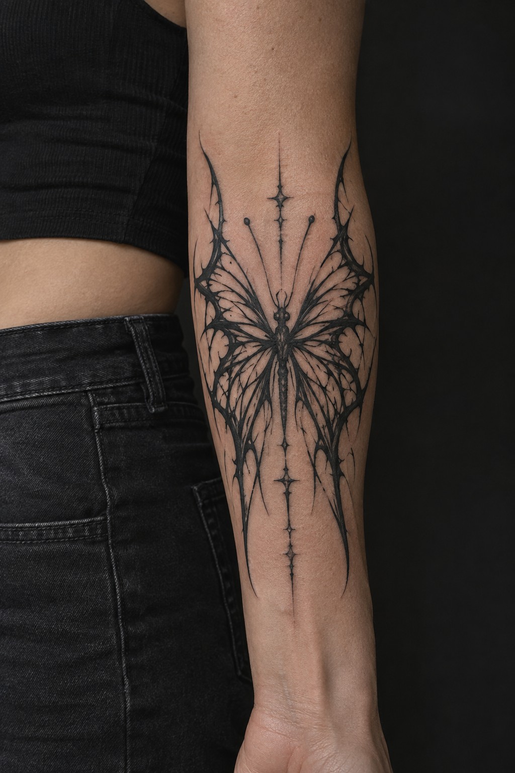 Blackwork cyber sigilism butterfly outer arm tattoo