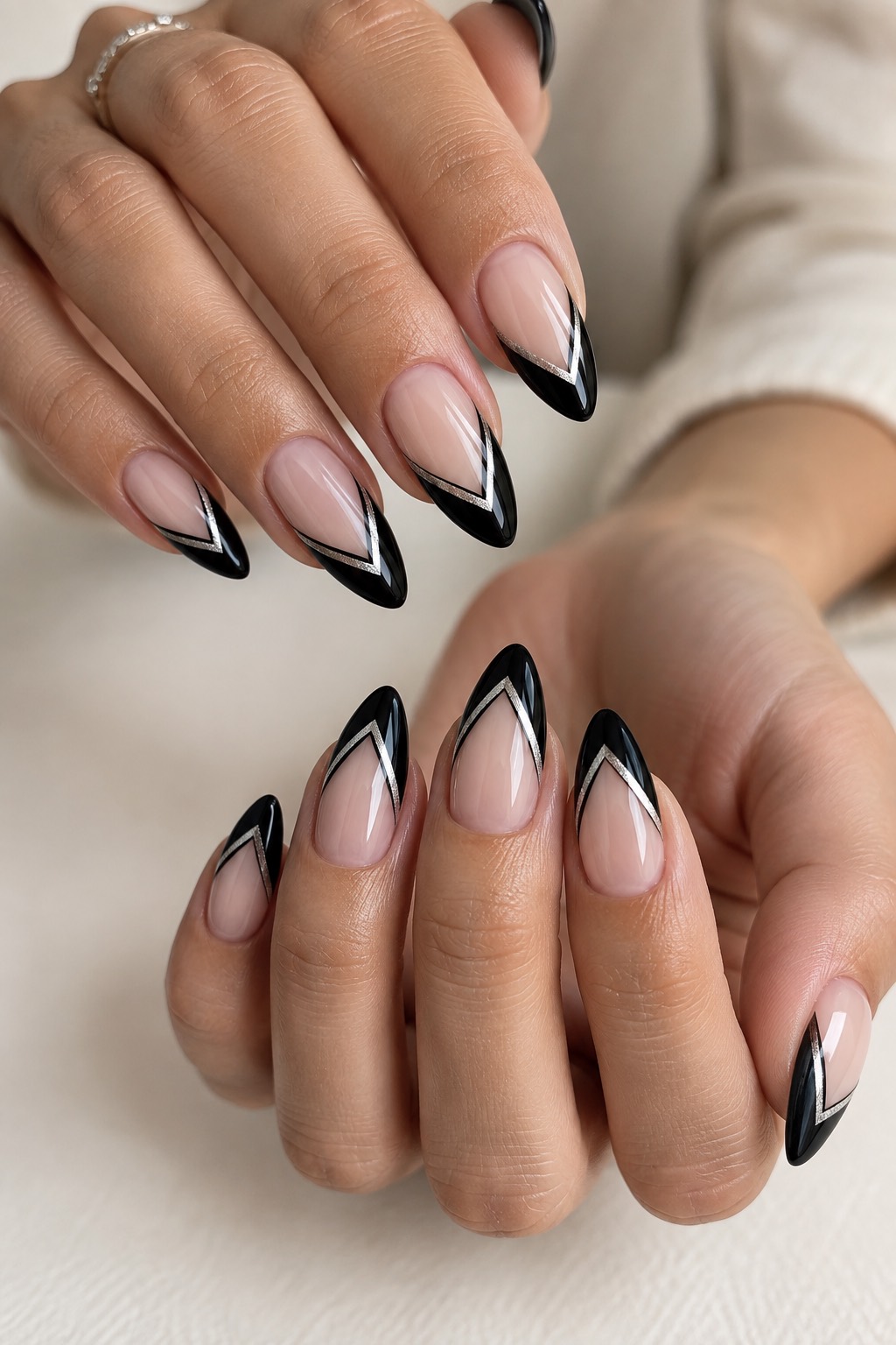 Geometric V-Cut Chevron Almond Nails