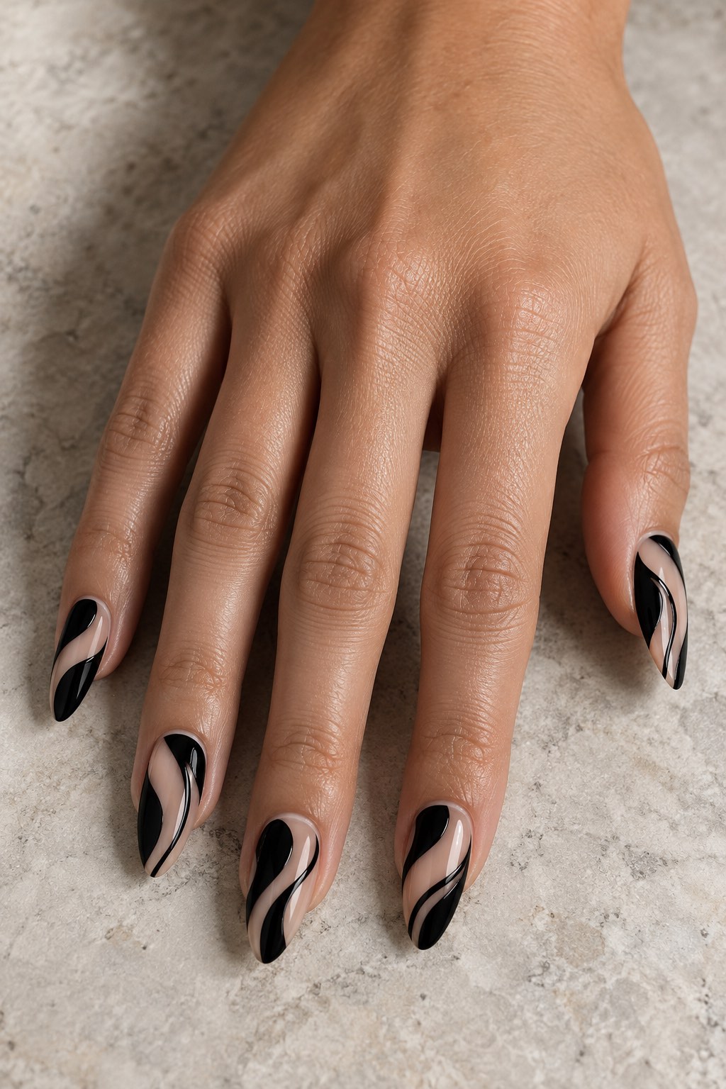 Retro Black Ripple Swirls on Sheer Nude Nails