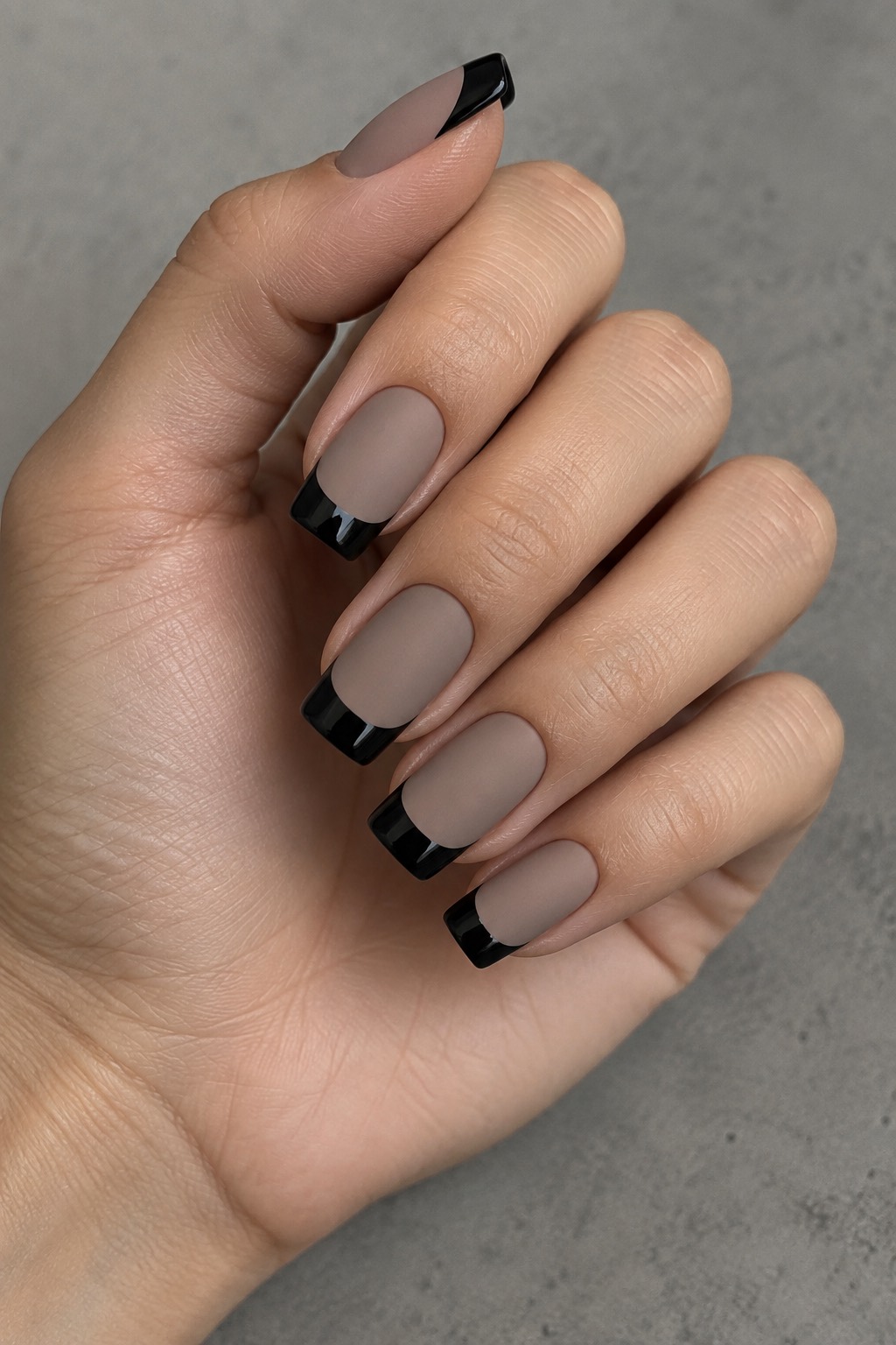 Matte Nude Glossy Black French Tip Nails