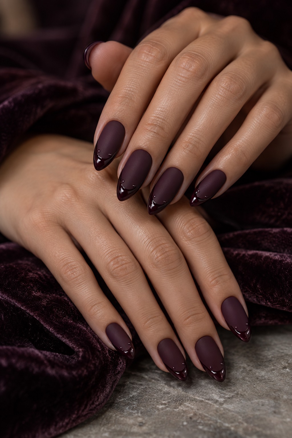 Matte Plum Glossy Accent Almond Nails