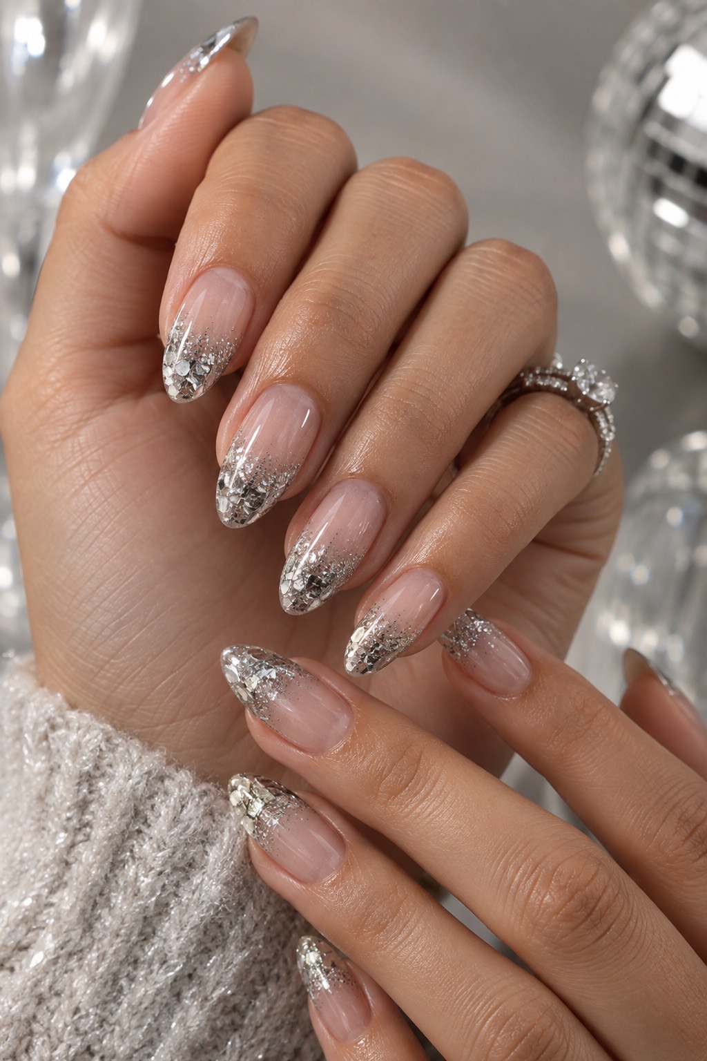 Silver Foil French Glitter Birthday Nails