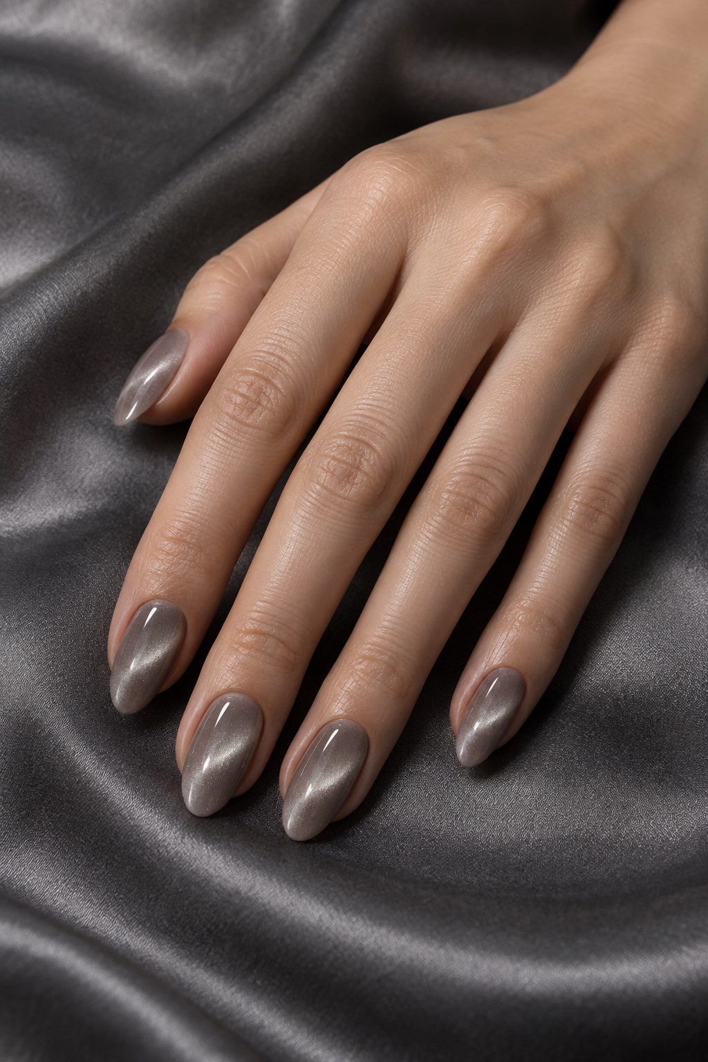 Smoky Grey Velvet Cat-Eye Nude Nails