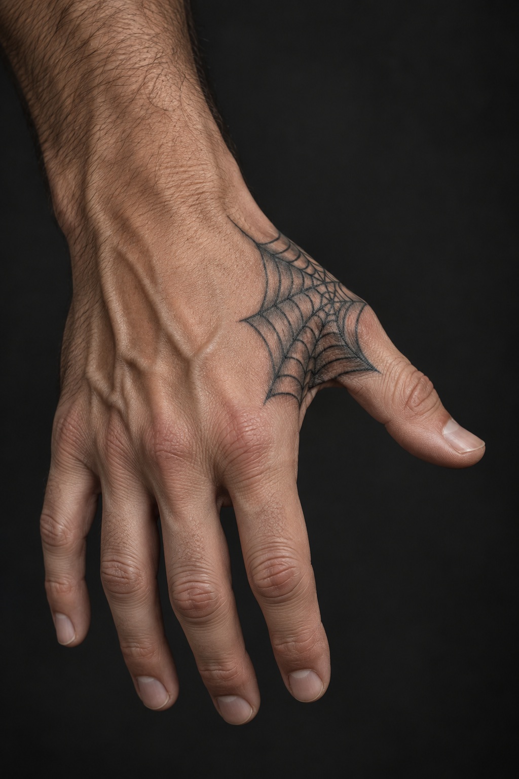 Blackwork spider web thumb webbing fold tattoo for men