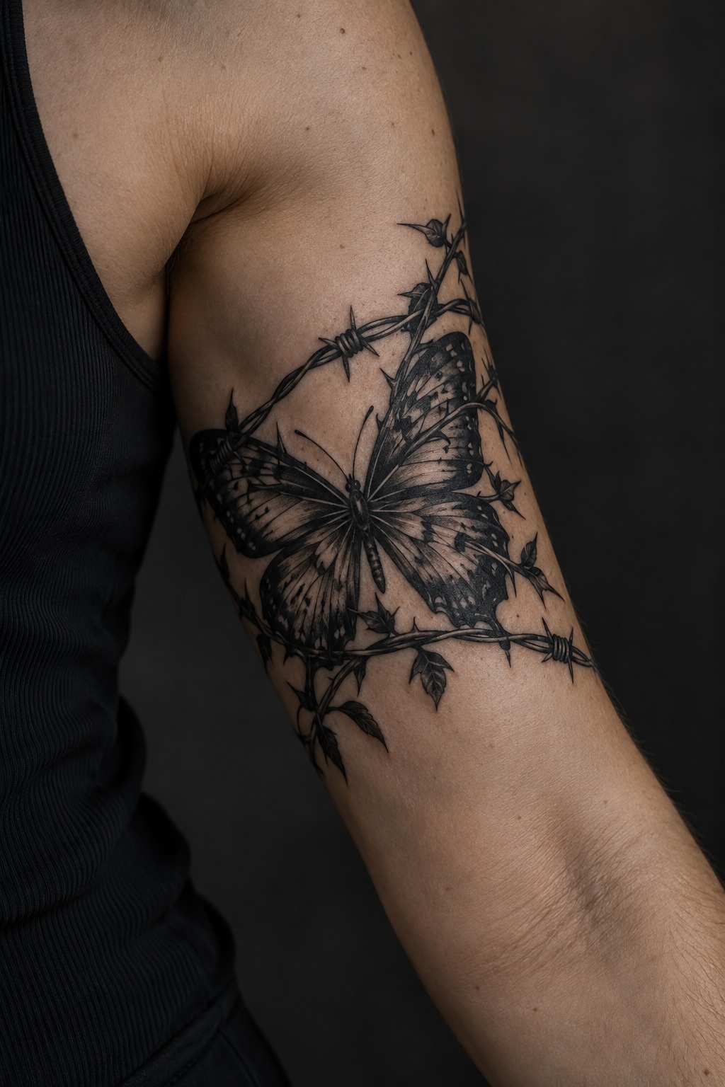 Thorny iron wire butterfly bicep wrap tattoo