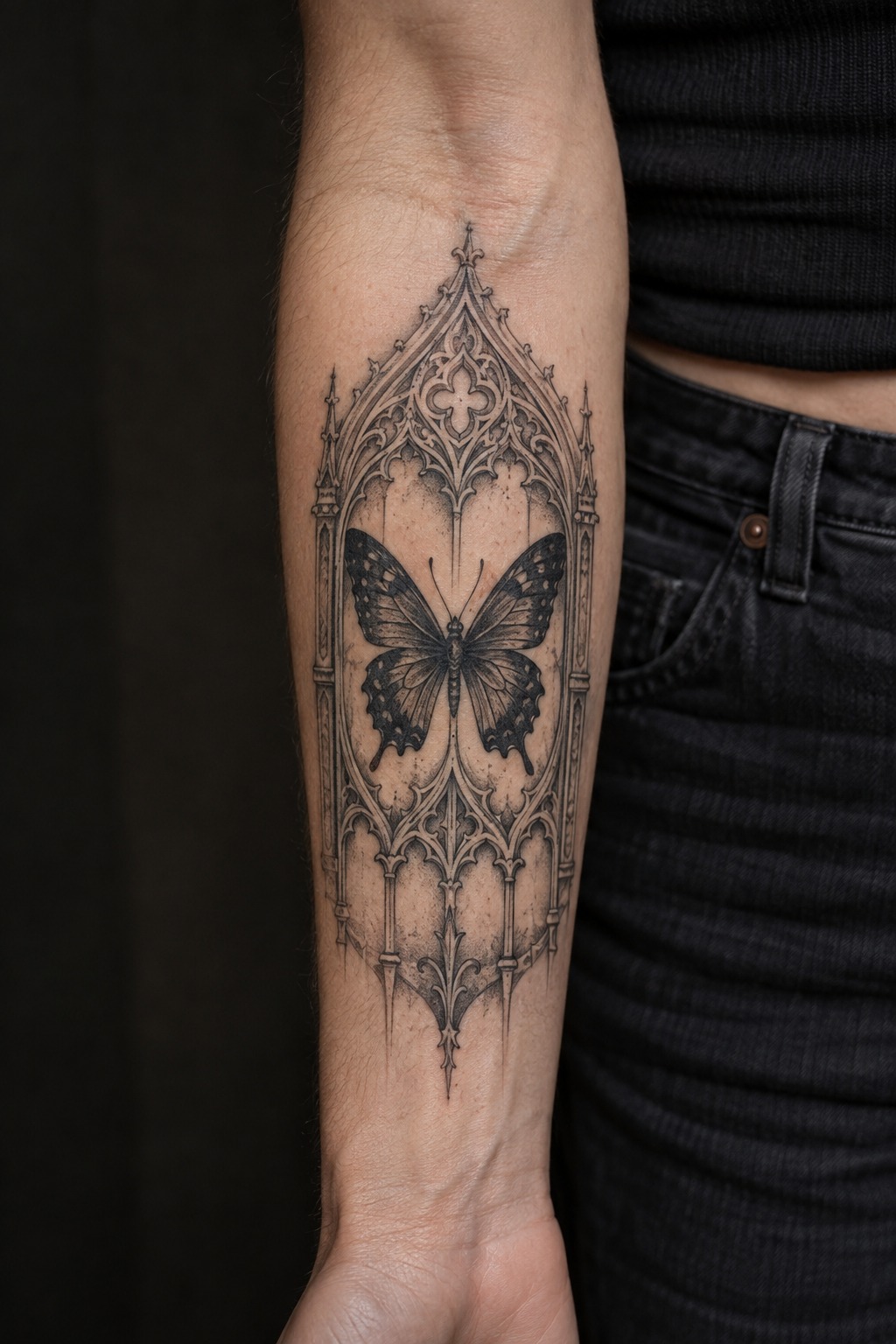 Gothic arch window butterfly frame forearm tattoo