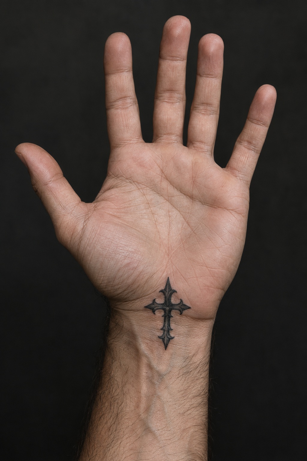 Gothic spiked cross palm base accent tattoo for men