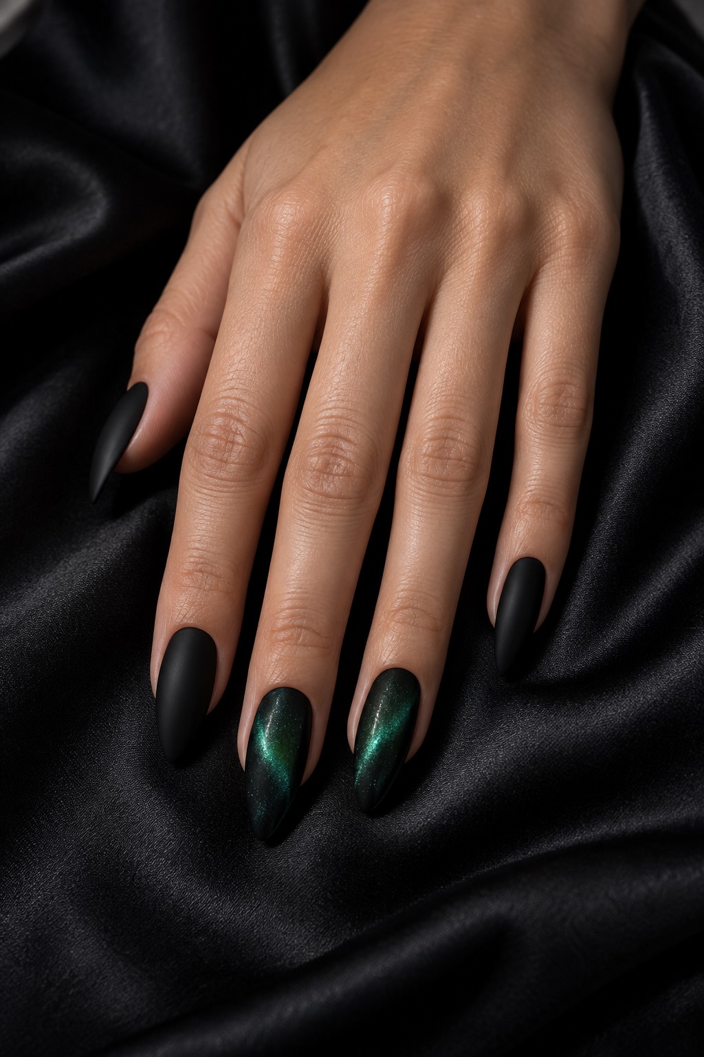 Emerald Aurora Cat Eye over Black Base Nails
