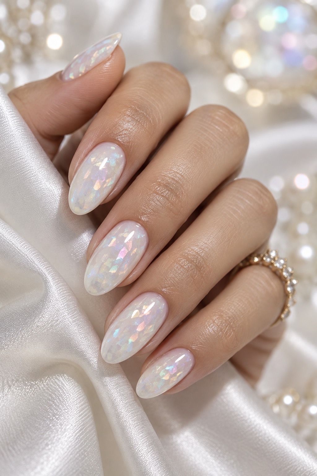 Milky White Opal Flake Birthday Nails