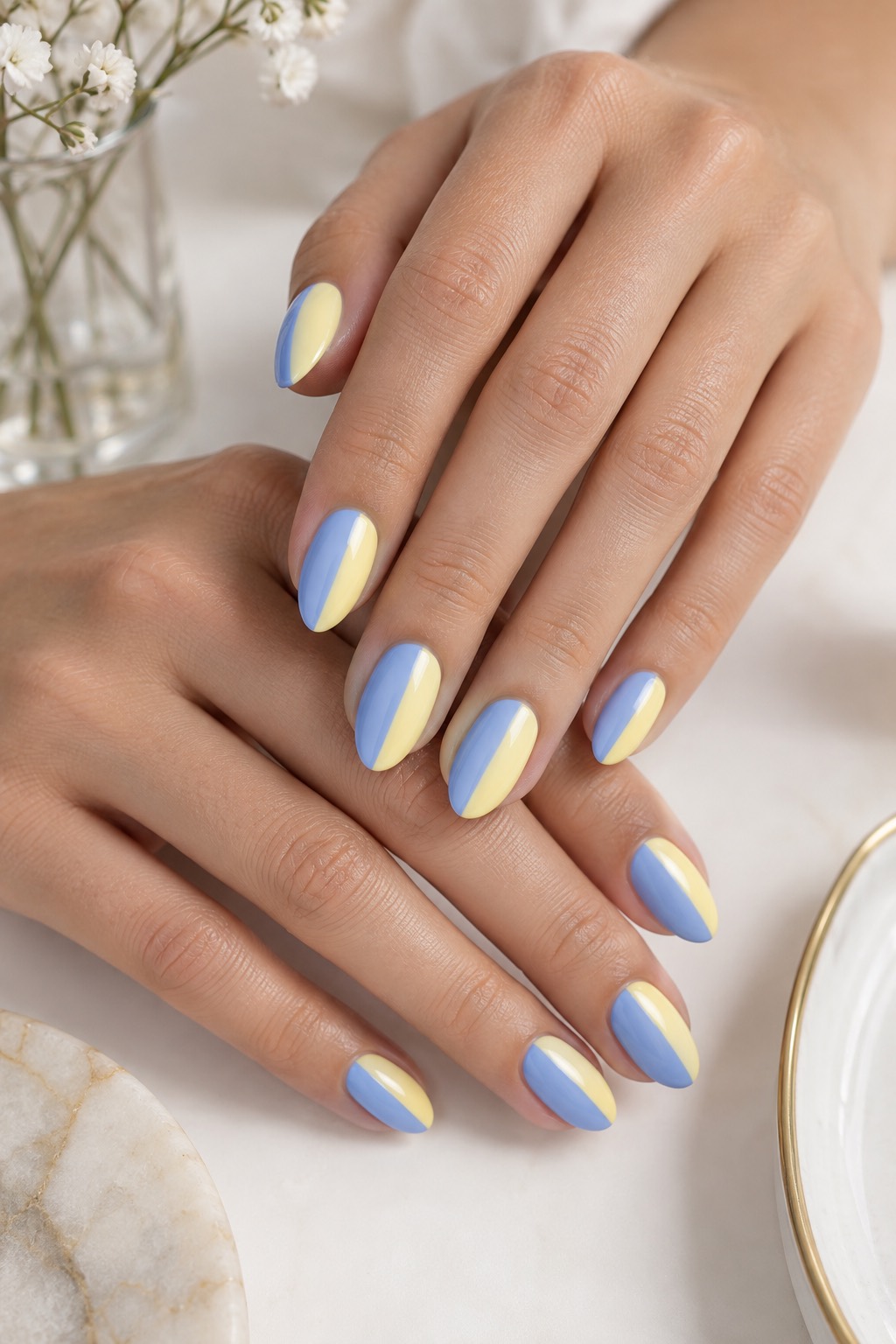 Pastel Split Color Almond Nails