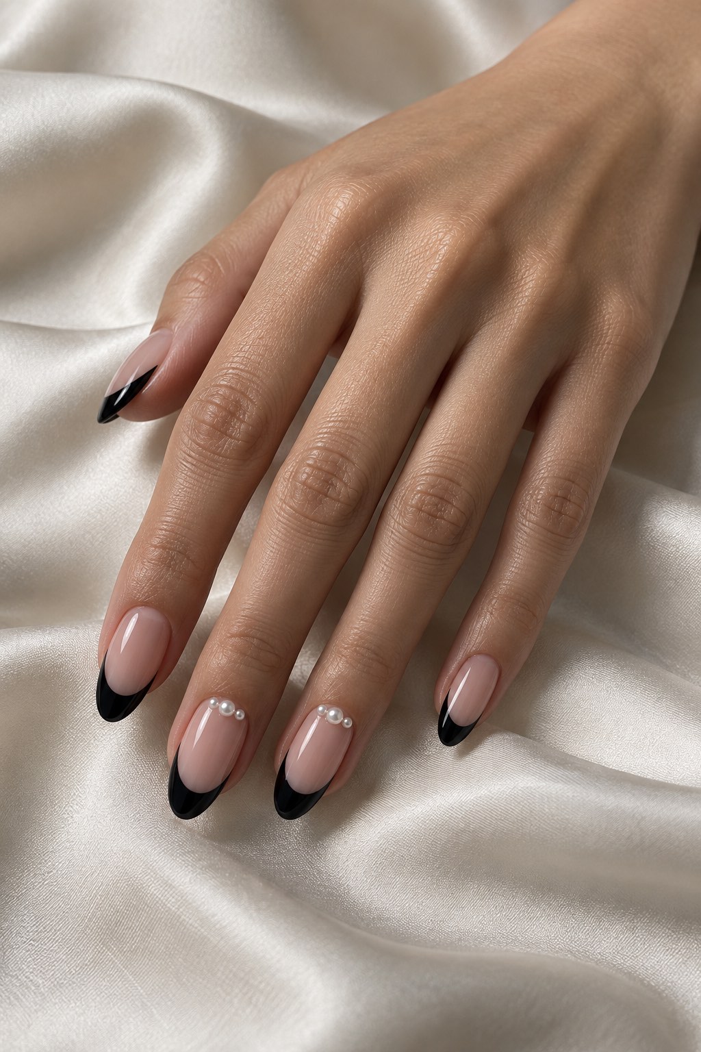 Black French with Micro Pearl Stud Accents Nails
