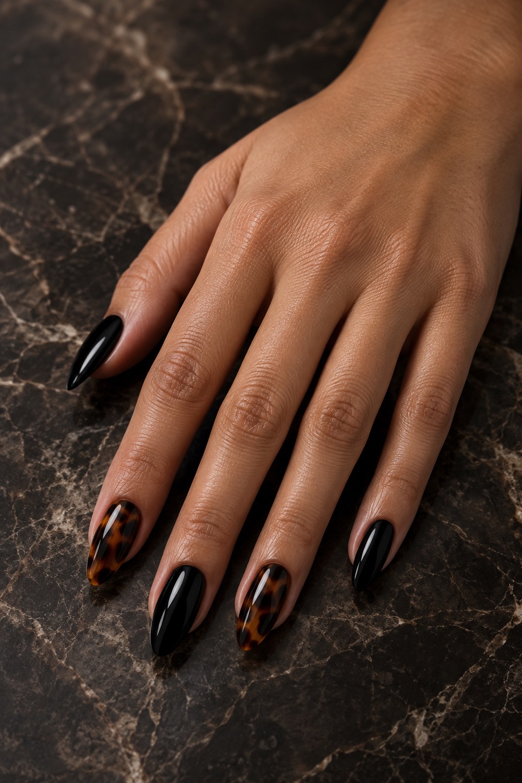 Midnight Obsidian and Dark Tortoiseshell Hybrid Nails