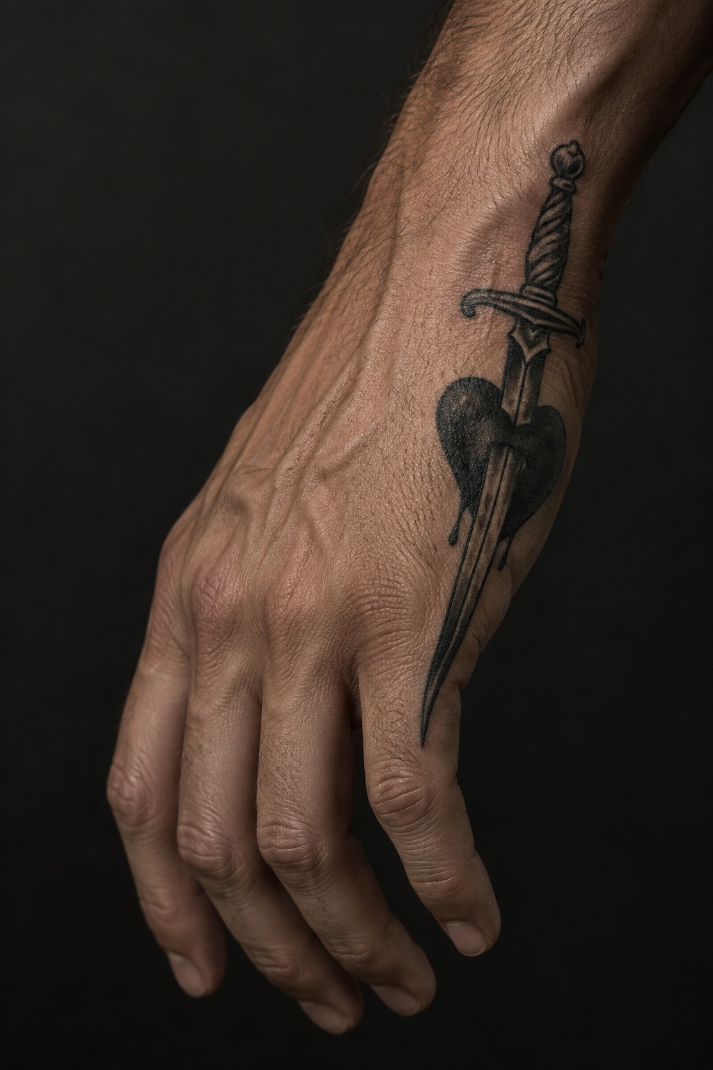 Dagger piercing heart outer hand tattoo for men
