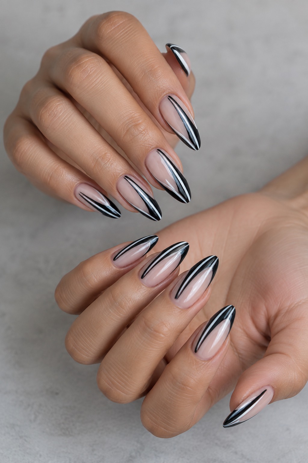 Monochrome Black White Almond Nails