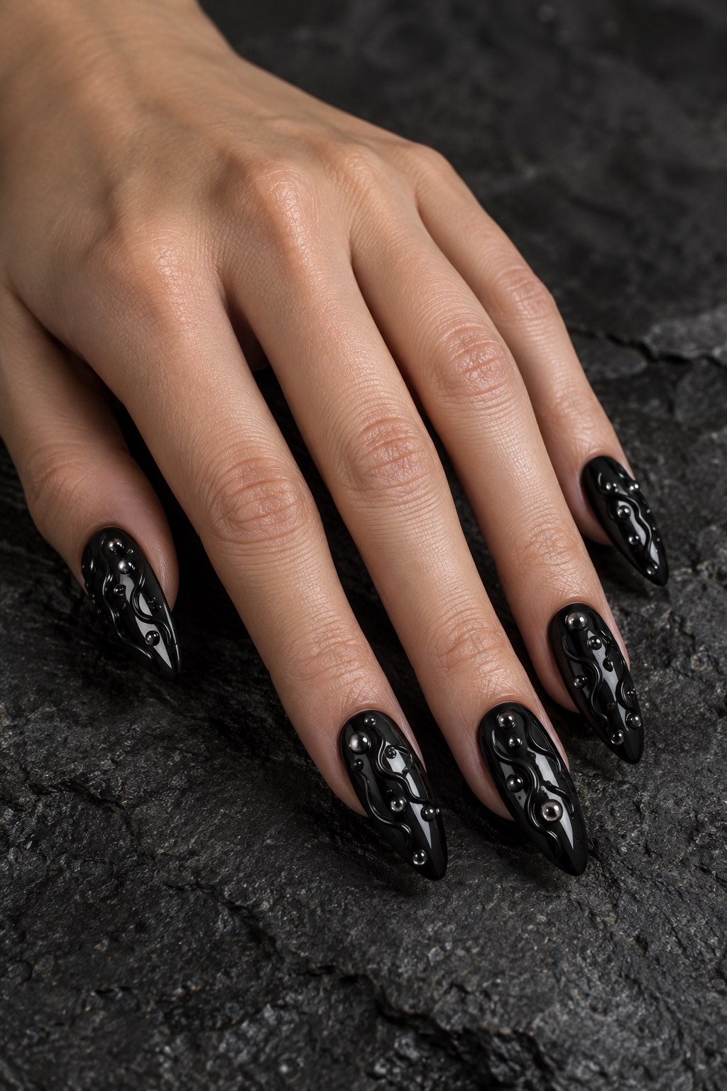 3D Dewdrops on Matte Obsidian Nails