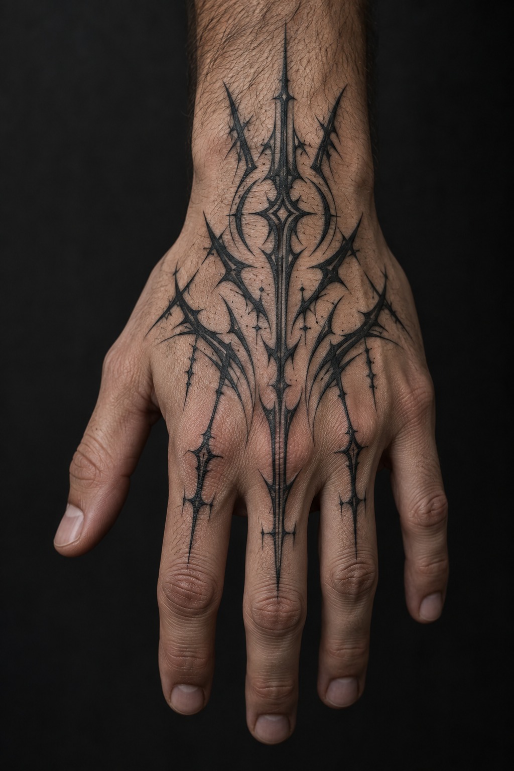 Cyber sigilism spiked hand crest tattoo for men