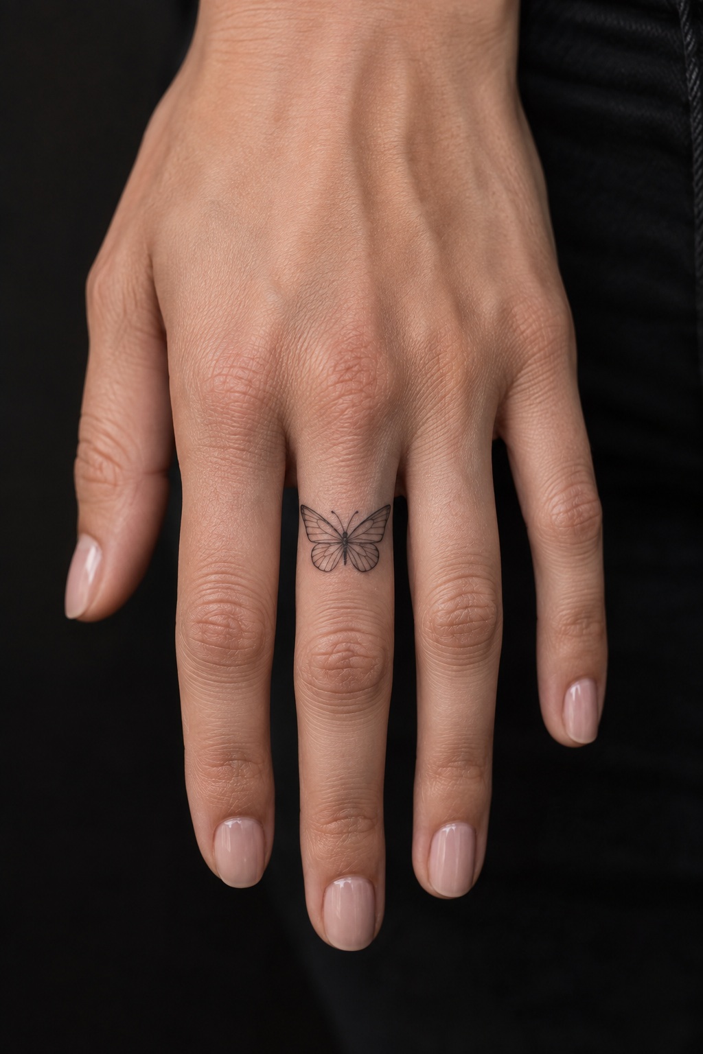 Micro line art butterfly finger joint tattoo