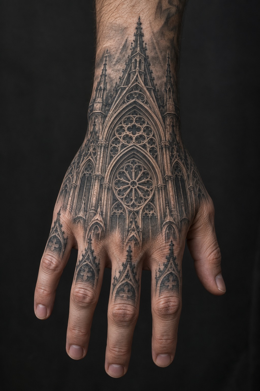 Gothic cathedral arch window hand wrap tattoo for men