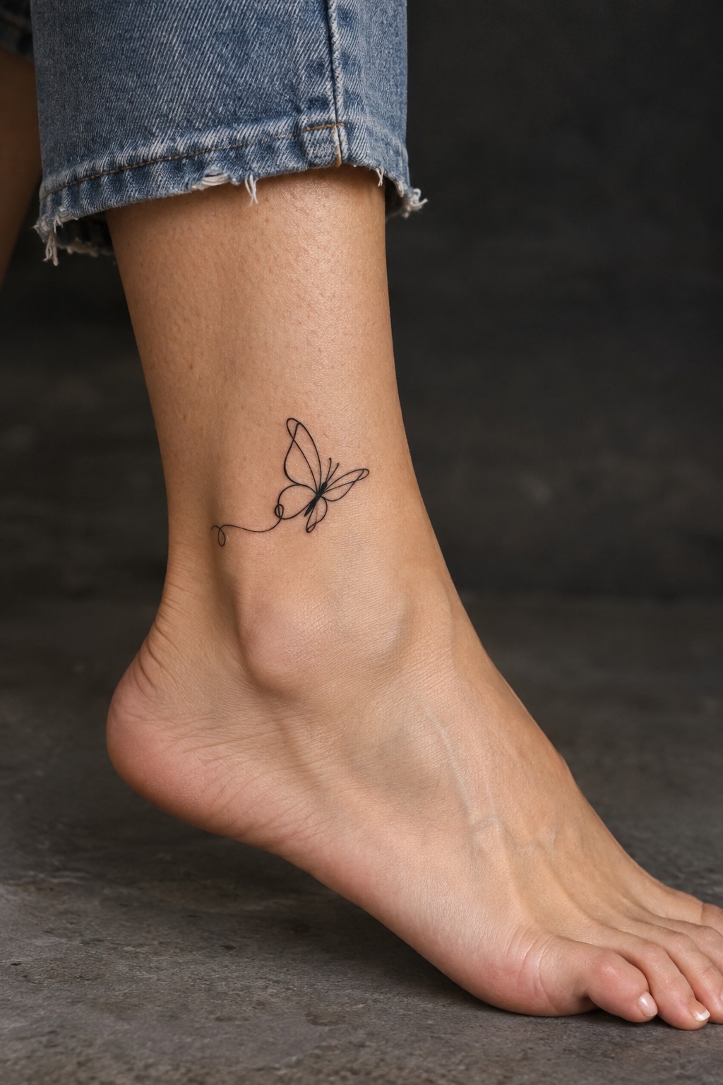 Single line floating butterfly ankle tattoo