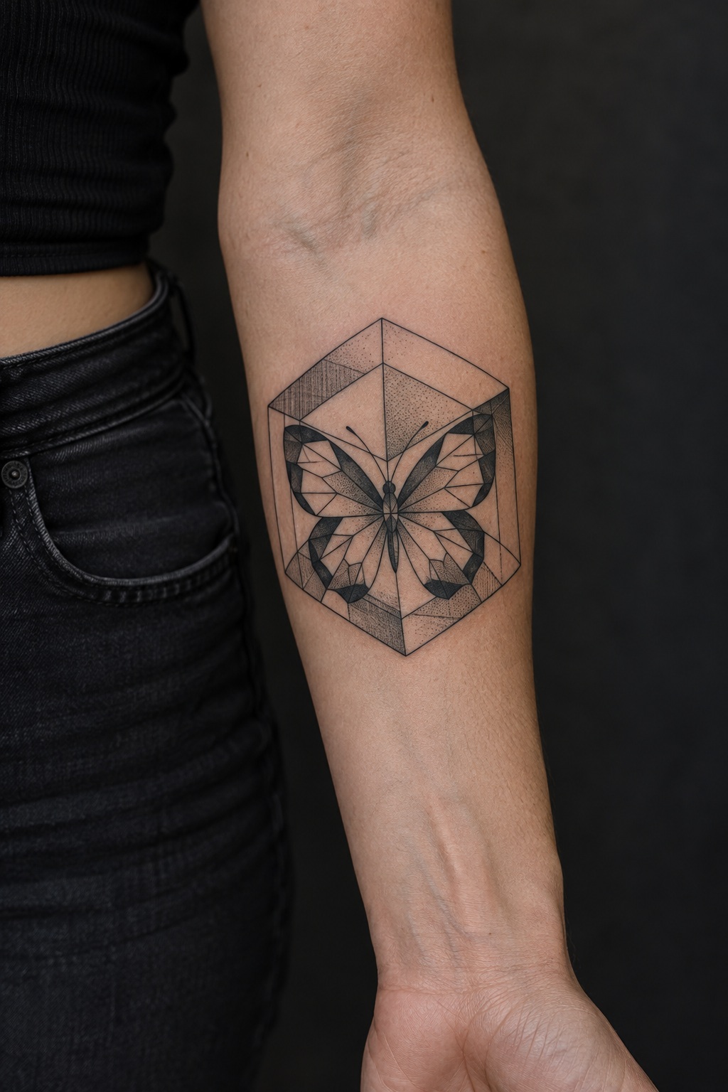 Optical 3D cube geometric butterfly framing tattoo