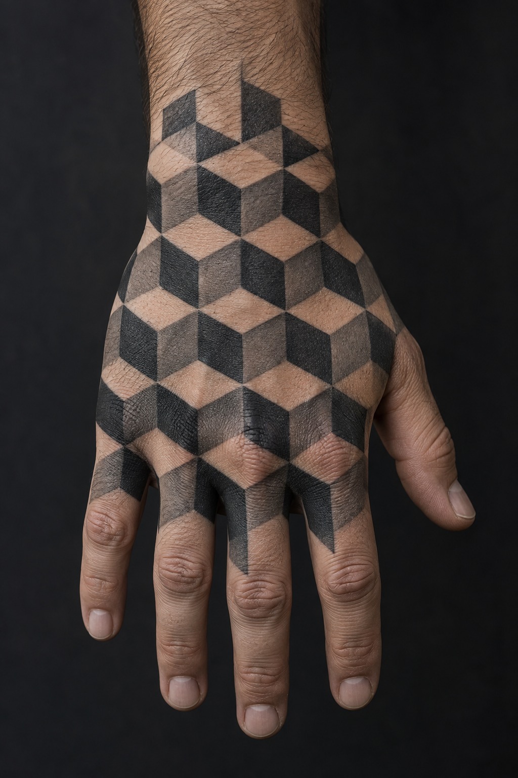 Optical 3D cube geometric illusion hand tattoo for men