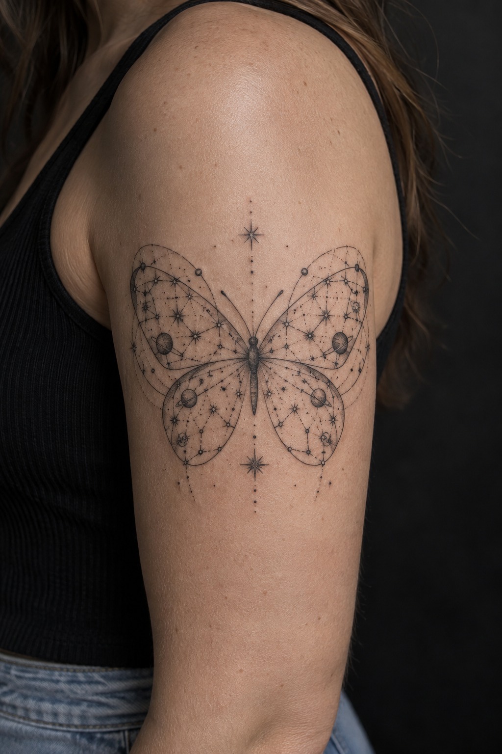 Celestial constellation butterfly orbit tattoo