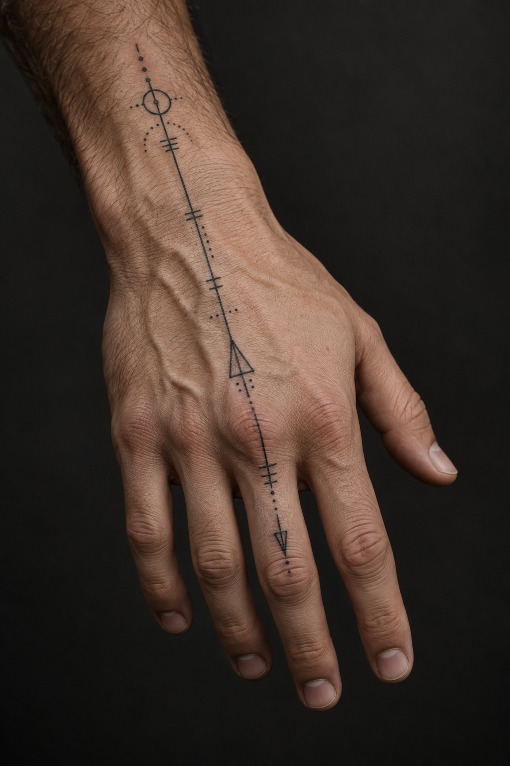Linear arrow axis point hand line art tattoo for men