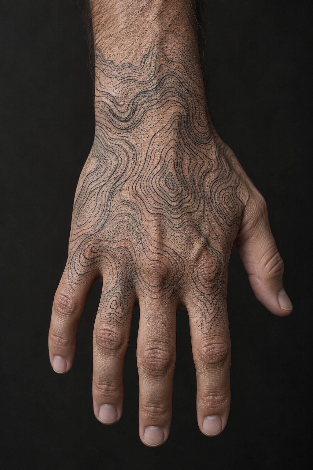 Topographic elevation map dotwork hand tattoo for men